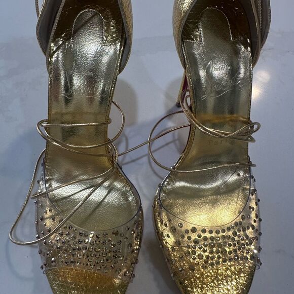 Christian Louboutin Gold Strappy Heels with Crystal Detailing - Picture 4 of 13